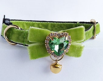 Velvet Cat Collar with Crystal Heart Bow & Bell - Breakaway Option