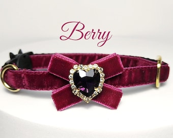Berry Velvet Cat Collar: Crystal Bow, Breakaway Buckle