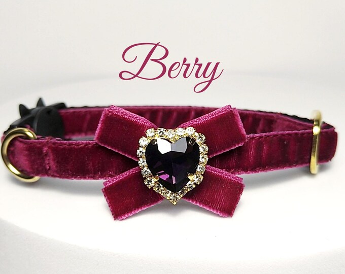 Cute Cat collar- Berry/ID Tag Bow design collar/Crystal cat collar/Bow bell collar/royal Velvet dog collar/Non-Breakaway/Breakaway
