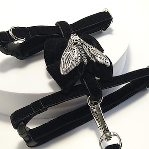 May include: Black velvet pet harness with a silver-colored moth pendant. The harness features adjustable straps and a metal clasp for leash attachment. The moth pendant has detailed wing and body designs. The harness is designed for small pets.