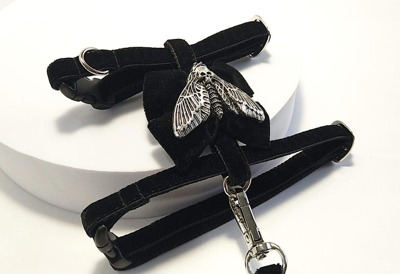 May include: Black velvet pet harness with a silver-colored moth pendant. The harness features adjustable straps and a metal clasp for leash attachment. The moth pendant has detailed wing and body designs. The harness is designed for small pets.