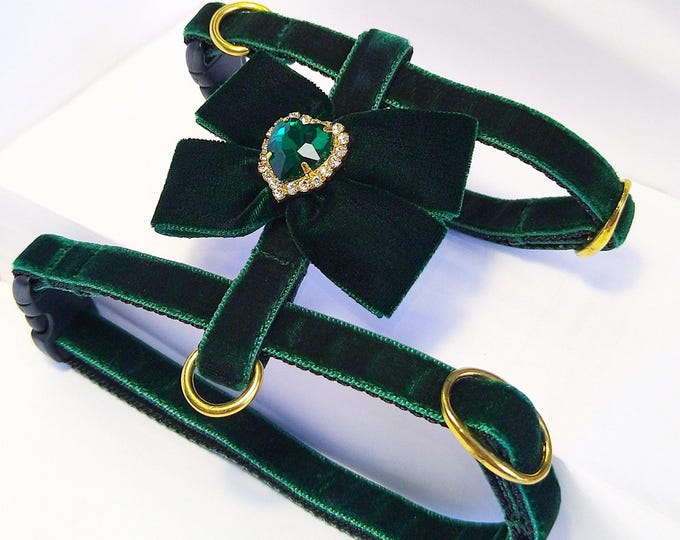 Luxury dark green harness cat and small dog/Velvet cat harness with bow/Harness with a leash/Velvet cat ammunition with crystal/