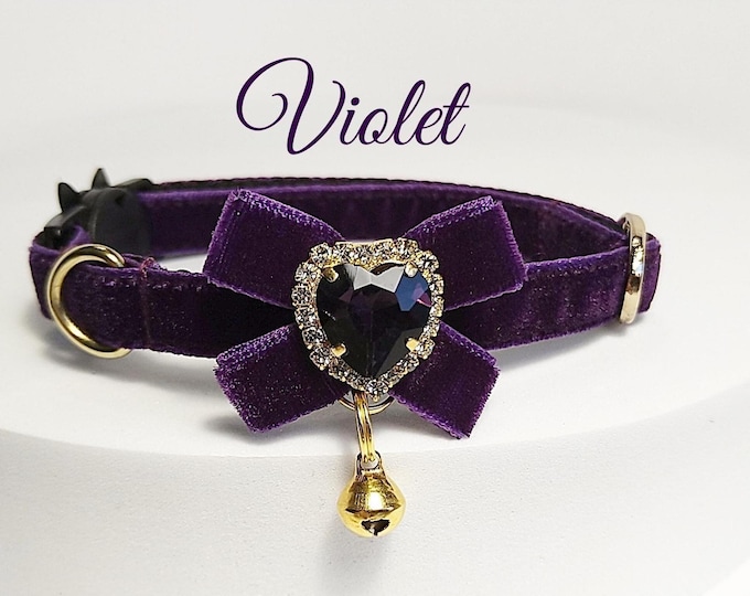 Cat collar-violet velvet/ID Tag Bow design collar/Crystal cat collar/Bow bell collar/Royal Velvet collar/dog  collar/Non-Breakaway/Breakaway