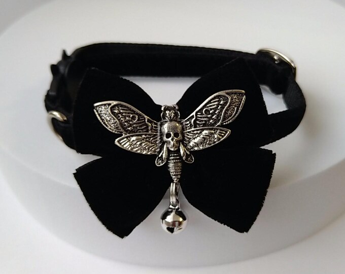 Gothic Moth Cat Collar: Black Velvet Bow Tie, Breakaway Buckle