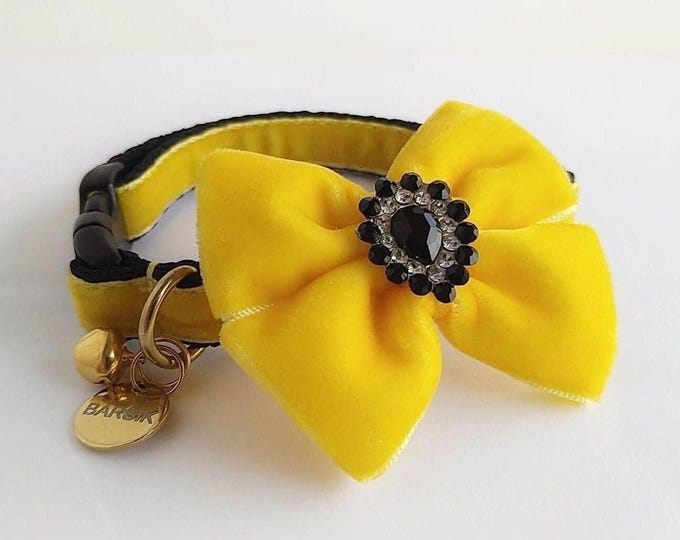 Cat collar- yellow velvet/ Bow tie/ Cat collar ID Tag/ Kitten collar/ Cat collar/ Puppy collar/ Dog collar/ Breakaway/Non-Breakaway