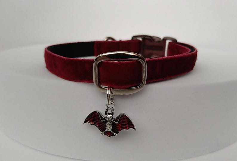 Puede incluir: Un collar de terciopelo burdeos para mascotas con una hebilla plateada y un dije de murci&eacute;lago. El dije de murci&eacute;lago tiene detalles de esmalte rojo y negro. El collar es de color rojo oscuro.