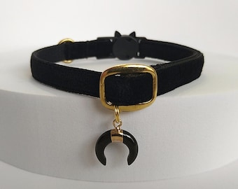 Black Cat Collar: Black Crescent Moon pet locket, velvet, Breakaway/Non-Breakaway Buckle