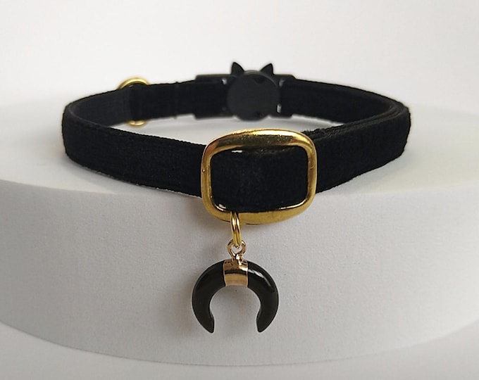 Black Cat Collar: Black Crescent Moon pet locket, velvet, Breakaway/Non-Breakaway Buckle