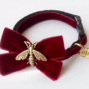May include: A red velvet cat collar with a gold bee charm and a bell. The collar has a black adjustable buckle.