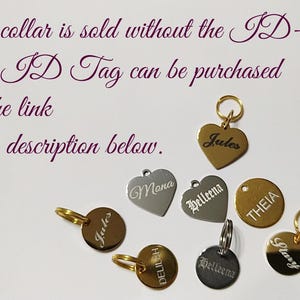 May include: A collection of engraved pet ID tags in various shapes, including hearts and circles. The tags are gold, silver, and black, with names like "Jules," "Mona," and "Theia" etched on them. Text at the top states the collar is sold without the ID tag.