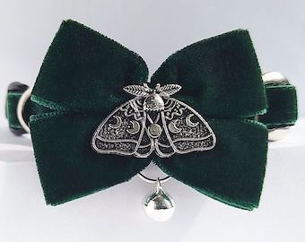 Moon Moth Cat Collar: Gothic Bow Tie, Silver Talisman