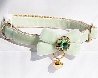 Light Green Velvet Cat Collar: Gem Bow, Breakaway Kitten Collar
