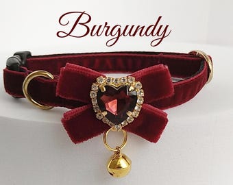 Burgundy Velvet Cat Collar: Bow & Bell, Breakaway Option
