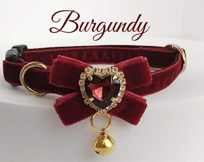 Cat collar- Burgundy velvet/ID Tag Bow design collar/Crystal cat collar/Bow bell collar/royal Velvet dog collar/Non-Breakaway/Breakaway