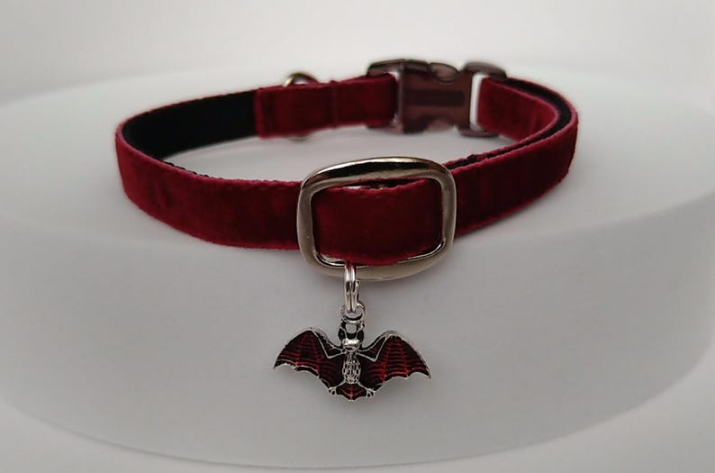 Puede incluir: Un collar de terciopelo burdeos para mascotas con una hebilla plateada y un dije de murci&eacute;lago. El collar tiene una parte inferior negra y una hebilla de metal plateado. El dije de murci&eacute;lago es rojo y negro.