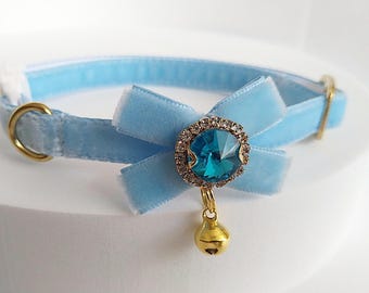 Sky Blue Velvet Cat Collar: Gem Bow, Bell,Breakaway or Non-Breakaway