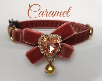 Caramel cat collar with crystal heart on plush bow/ID Tag Bow design collar/Bow bell collar/royal Velvet dog collar/Non-Breakaway/Breakaway