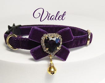 Cat collar-violet velvet/ID Tag Bow design collar/Crystal cat collar/Bow bell collar/royal Velvet collar/dog  collar/Non-Breakaway/Breakaway