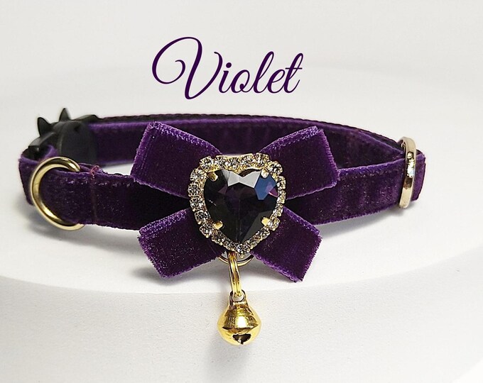 Cat collar-violet velvet/ID Tag Bow design collar/Crystal cat collar/Bow bell collar/royal Velvet collar/dog  collar/Non-Breakaway/Breakaway