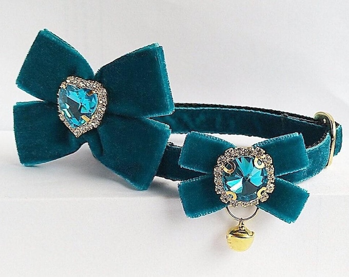 Cat collar-sea wave color /Bow pendant cat collar/Kitten collar/Chihuahua collar/Velvet cat collar/Mini dog collar/Non-Breakaway/Breakaway