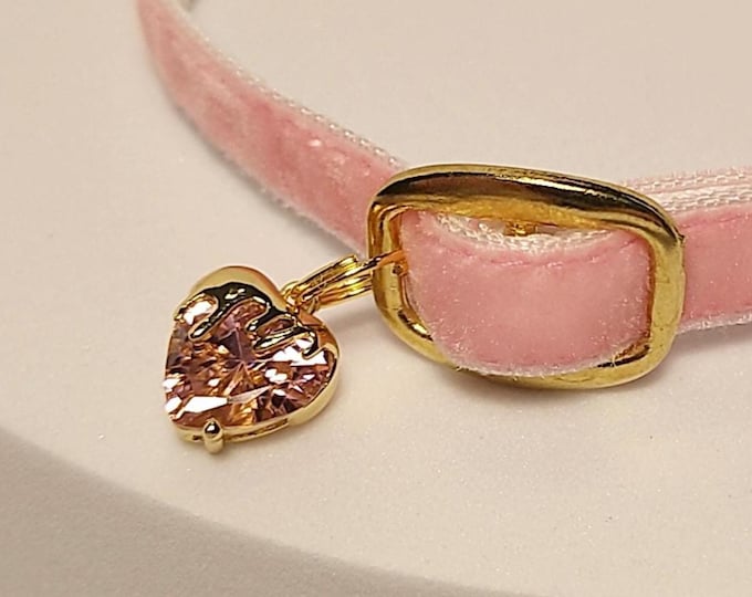 Pink Heart-  Cat Collar/Plush Pink Collar with Gold crystal Medallion/Cat collar with charm/ Mini dog and cat collar/Non-Breakaway/Breakaway