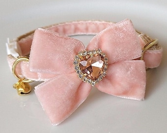 Velvet peach cat collar/Velvet personalize Cat collar/Bow/Puppy collar/Velvet Bow-tie/Kitten collar/Non-Breakaway buckle/Breakaway buckle