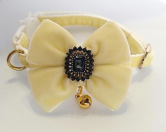 Vanilla Velvet Cat Collar: Geometric Crystal Bow, Bell, Breakaway Buckle
