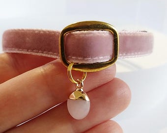 Rose quartz & Cat Collar: Natural stone - cat charm, mystical pet locket, dog Collar, Breakaway, Non-Breakaway buckle.