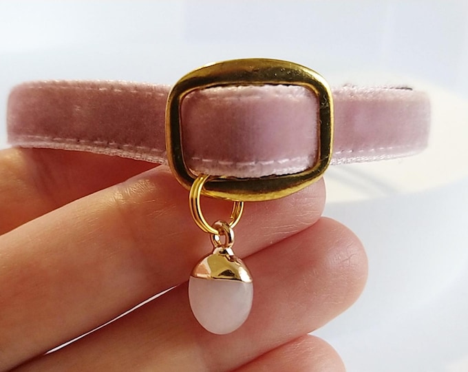 Rose quartz & Cat Collar: Natural stone - cat charm, mystical pet locket, dog Collar, Breakaway, Non-Breakaway buckle.