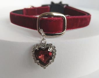 Crystal heart- Cat Collar: Burgundy plush, Silver Locket, Adjustable, Breakaway/Non-Breakaway