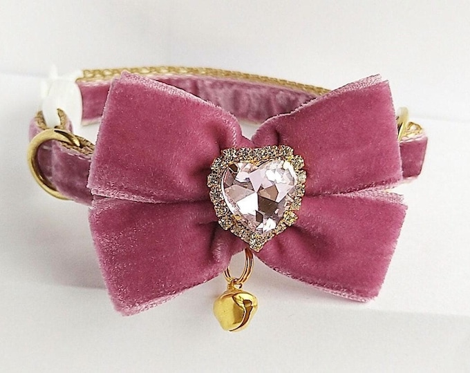 Tea rose Cat collar-plush Bow/pendant cat collar/Kitten collar/Chihuahua collar/Velvet cat collar/Mini dog collar/Non-Breakaway/Breakaway