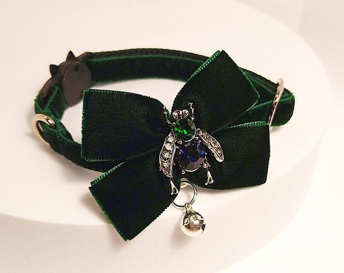 Dark green cat collar/emerald fly/Royal cat collar Bow/Queen kitten collar/Victorian dog collar/Bow tie dark emerald/Breakaway/Non-Breakaway