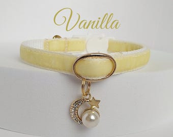 Vanilla Velvet Cat Collar: Pearl Moon Charm, Breakaway Buckle