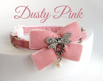 Dusty Pink Velvet Cat Collar: Butterfly Crystal Bow, Breakaway Buckle