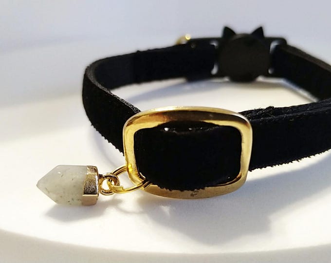 Grey Labradorite Cat Collar: Velvet, Natural Stone Charm, Breakaway Buckle