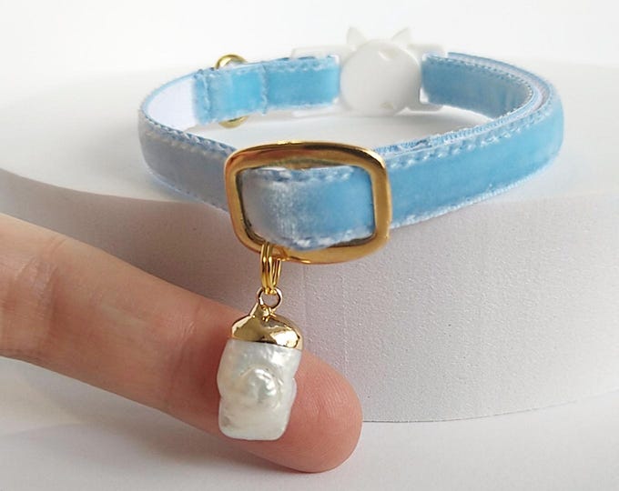Cat Collar : Pearl Charm, Sky Blue Velvet , Adjustable Kitten Collar.