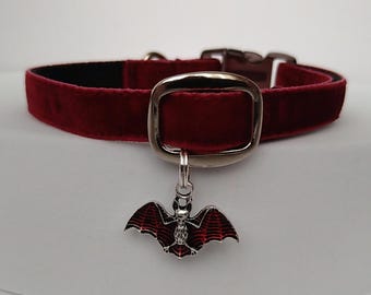 Vampire Bat Cat Collar: Burgundy Velvet, Gothic Kitten Collar