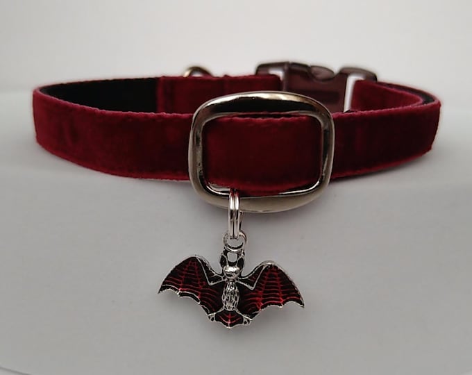 Vampire Bat Cat Collar: Burgundy Velvet, Gothic Kitten Collar