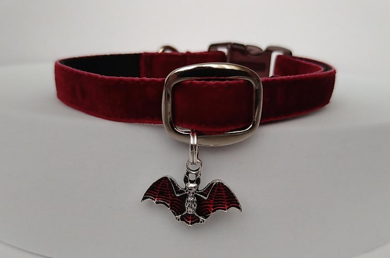 Cat Collar & locket - vampire bat/Halloween cat collar/esoteric burgundy collar/Dog Gothic collar/Cat collar Breakaway or Non-Breakaway buckle.