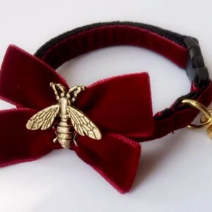 May include: A red velvet cat collar with a gold bee charm and a bell. The collar has a black adjustable buckle.
