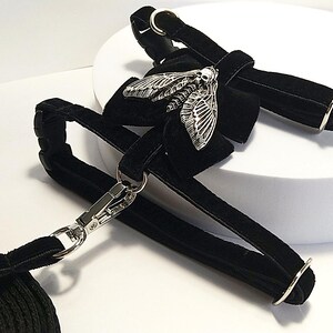 May include: Black velvet pet harness with a silver-colored moth pendant. The harness features silver-toned metal hardware and a matching leash. The moth pendant has intricate wing details. The harness is designed for small pets.