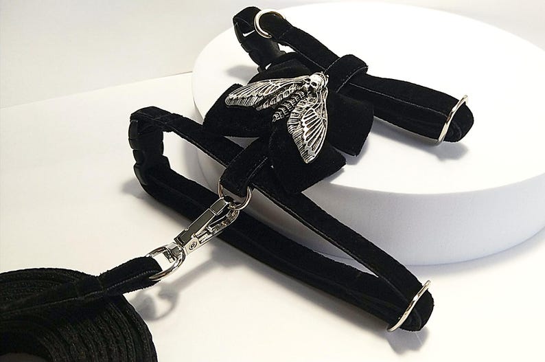 May include: Black velvet pet harness with a silver-colored moth pendant. The harness features silver-toned metal hardware and a matching leash. The moth pendant has intricate wing details. The harness is designed for small pets.