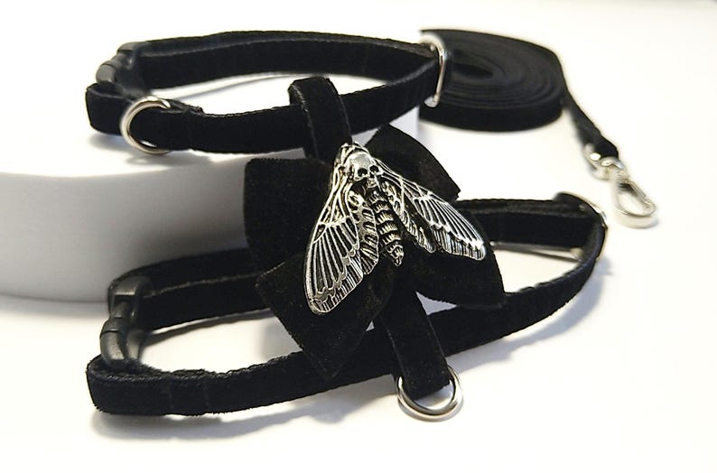 May include: Black velvet pet collar and leash set. The collar features a silver-colored moth pendant with a skull design. The set includes a matching leash with a metal clasp and a D-ring on the collar. The collar and leash are made of a soft, plush material.