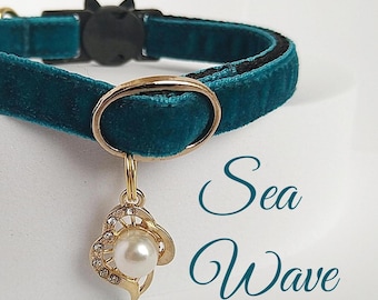 Cat collar with Pearl in the shell/Dog collar/Velvet collar with charm/Puppy Kitten collar/Royal collar/Non-Breakaway/Breakaway