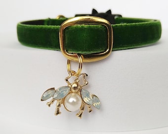Lunar moth- cat collar/moth with moonstone and pearl and cat collar/pet locket and collar/Velvet Collar crystal/Non-Breakaway/Breakaway