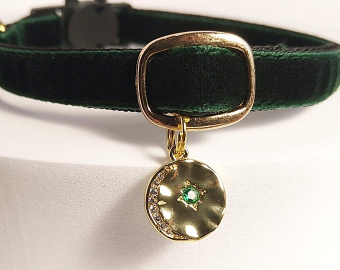 Gold Moon-Cat Collar with green star/Plush cat Collar with Medallion/Cat collar with charm/ Mini dog and cat collar/Non-Breakaway/Breakaway