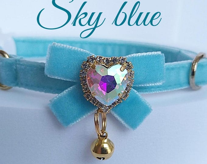 Sky blue -Cat collar with Blue Crystal heart /id Tag  for Pet /Collar with Bow tie and bell /royal Velvet dog collar/Non-Breakaway/Breakaway