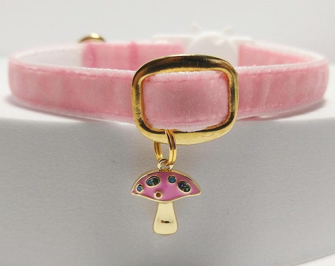 Mushroom- Cat Collar/Plush Pink Collar with Gold Medallion/Cat collar with charm/ Mini dog and cat collar/Non-Breakaway/Breakaway
