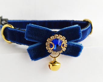 Dark blue -Cat collar/Gem cat collar/Puppy collar/Kitten collar/Chihuahua collar/Velvet cat collar/Mini dog collar/Non-Breakaway/Breakaway
