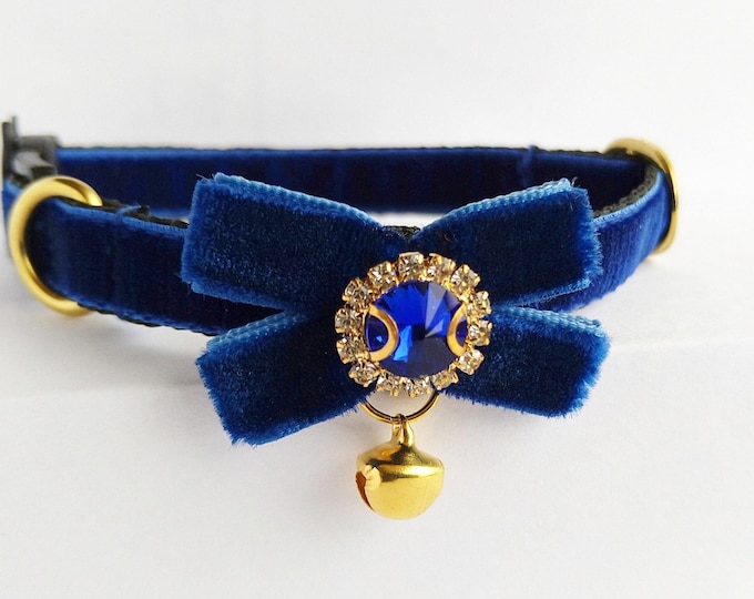 Dark blue -Cat collar/Gem cat collar/Puppy collar/Kitten collar/Chihuahua collar/Velvet cat collar/Mini dog collar/Non-Breakaway/Breakaway